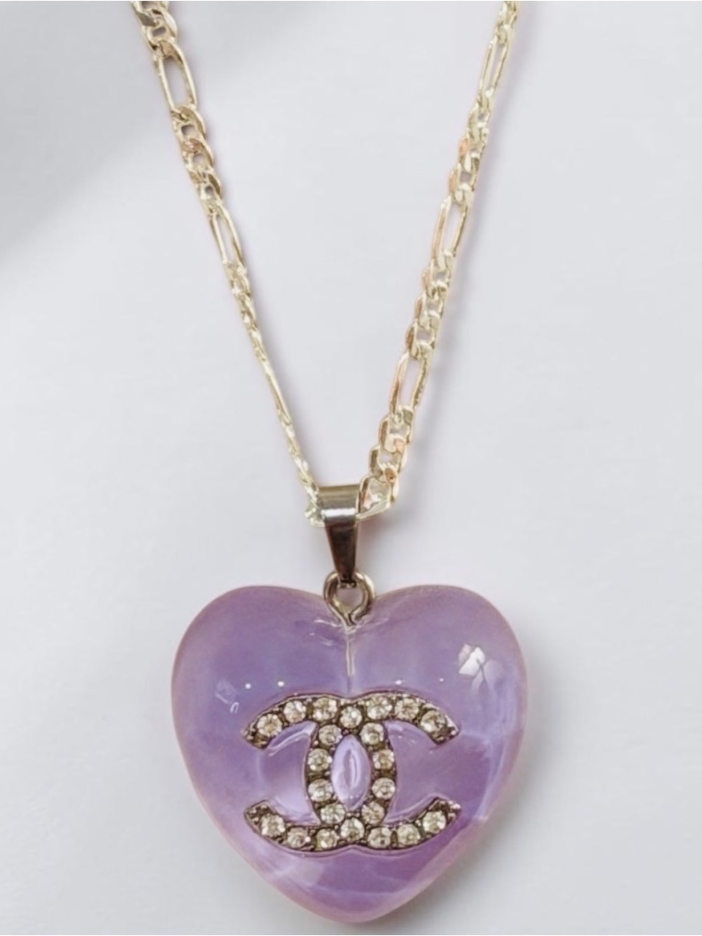 Silver Toned 20 inch elongated Figaro-link Chain + Purple Banger Heart Pendant